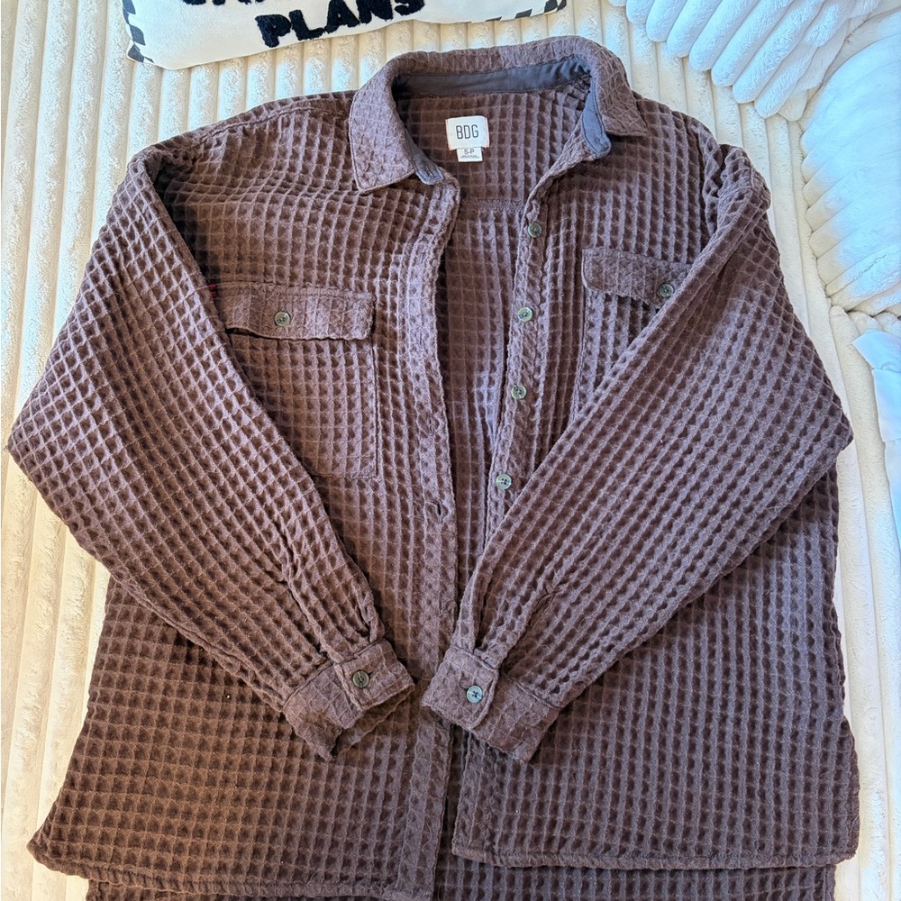 BDG Brown Waffle Knit Button-Up Shirt Jacket